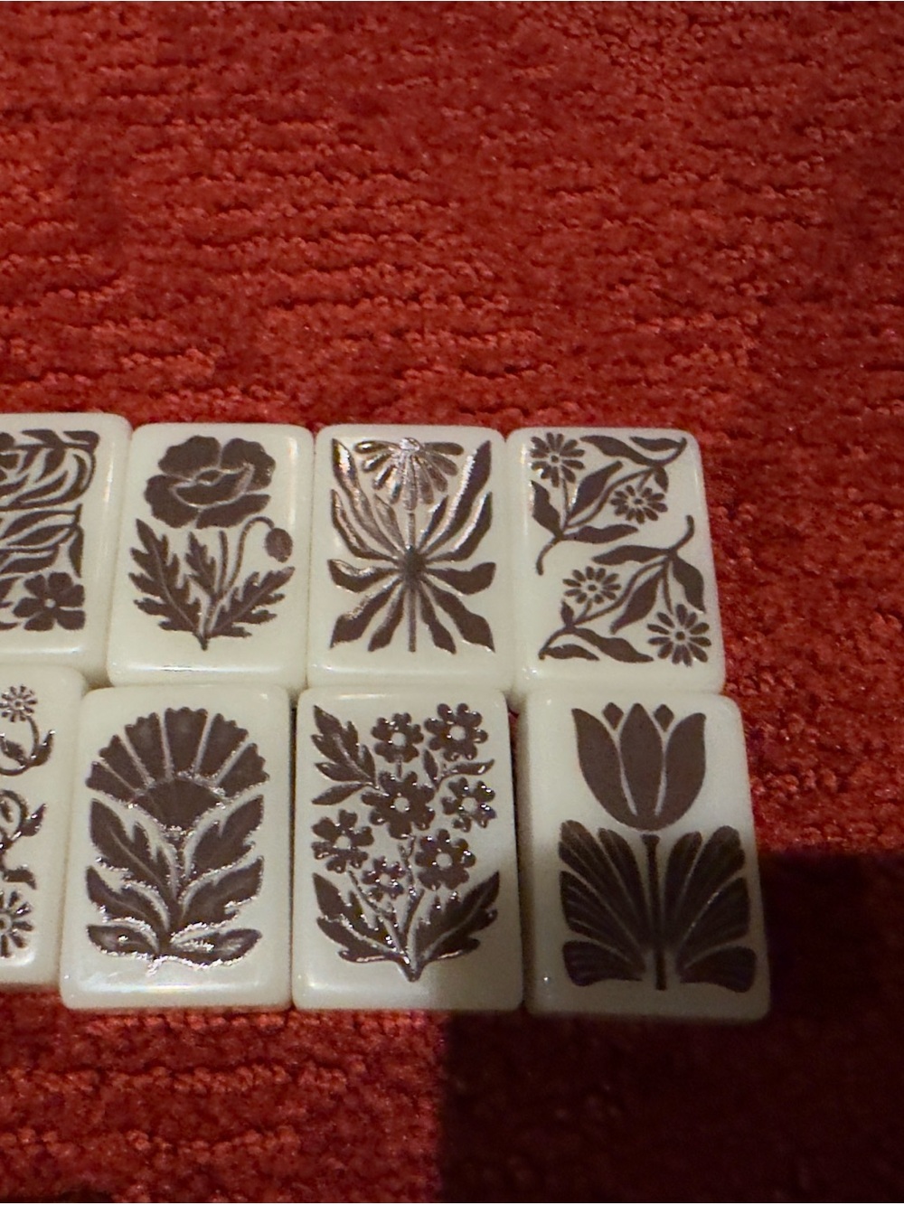 Unbranded Floral Ceramic Mahjong Tiles - White with Brown Floral Accents